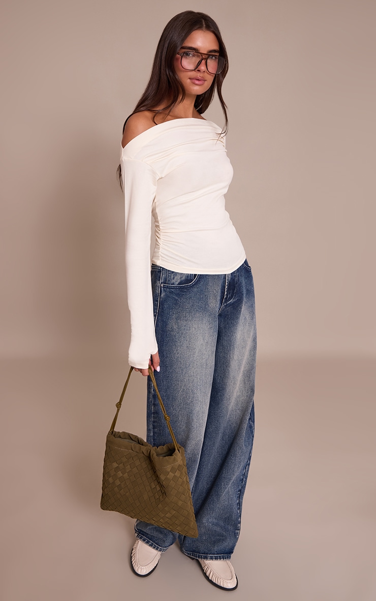 Cream Soft Cotton Ruched Asymmetric Long Sleeve Top image 3