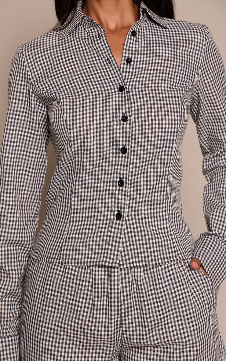 Petite Black Gingham Button Up Fitted Long Sleeve Shirt image 4