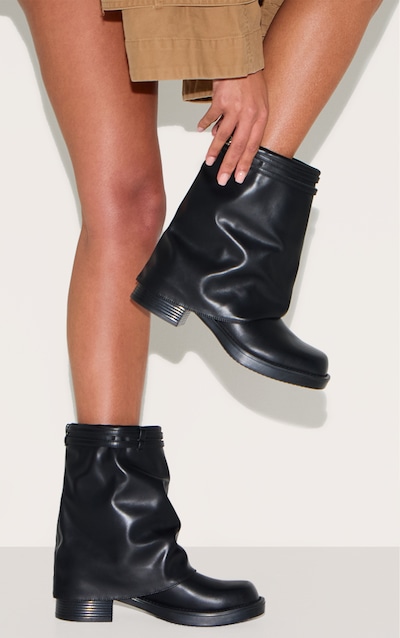 Bottines rondes repliées en PU noir à boucles sur les brides