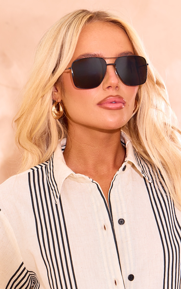 Black Thin Metal Frame Aviator Sunglasses image 1