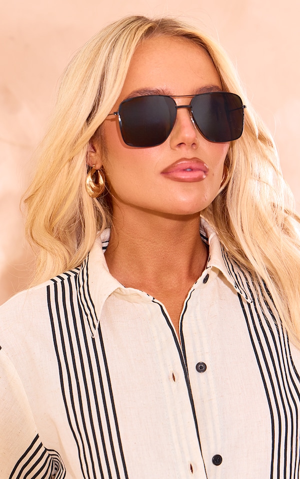 Black Thin Metal Frame Aviator Sunglasses