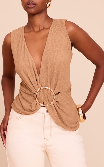 Mushroom Ribbed Onion Skin Trim Detail Plunge Top