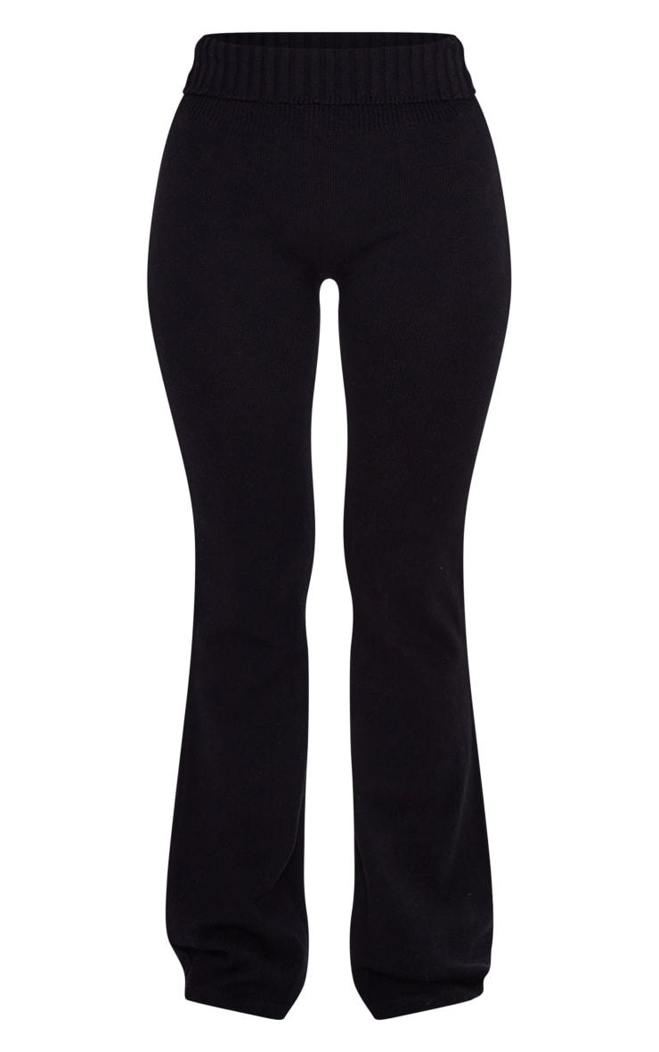 Petite Black Knitted Fold Over Waist Flared Pants image 5