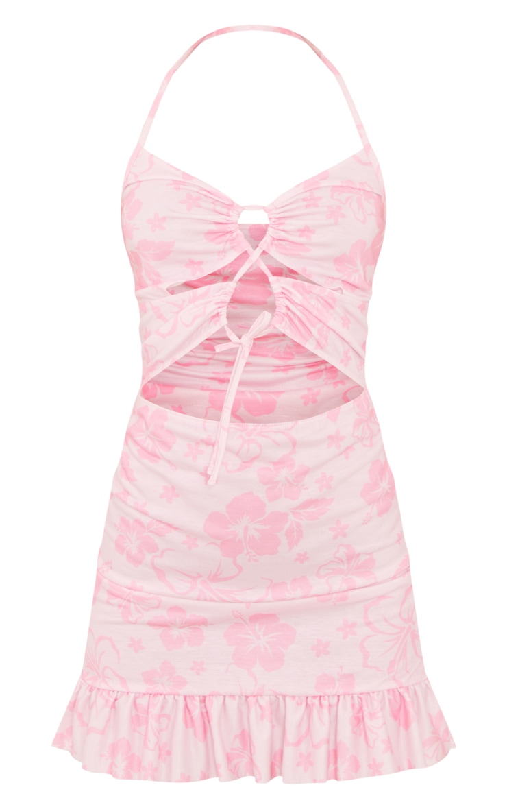 Pink Floral Print Cut Out Frill Hem Halterneck Shift Dress image 1