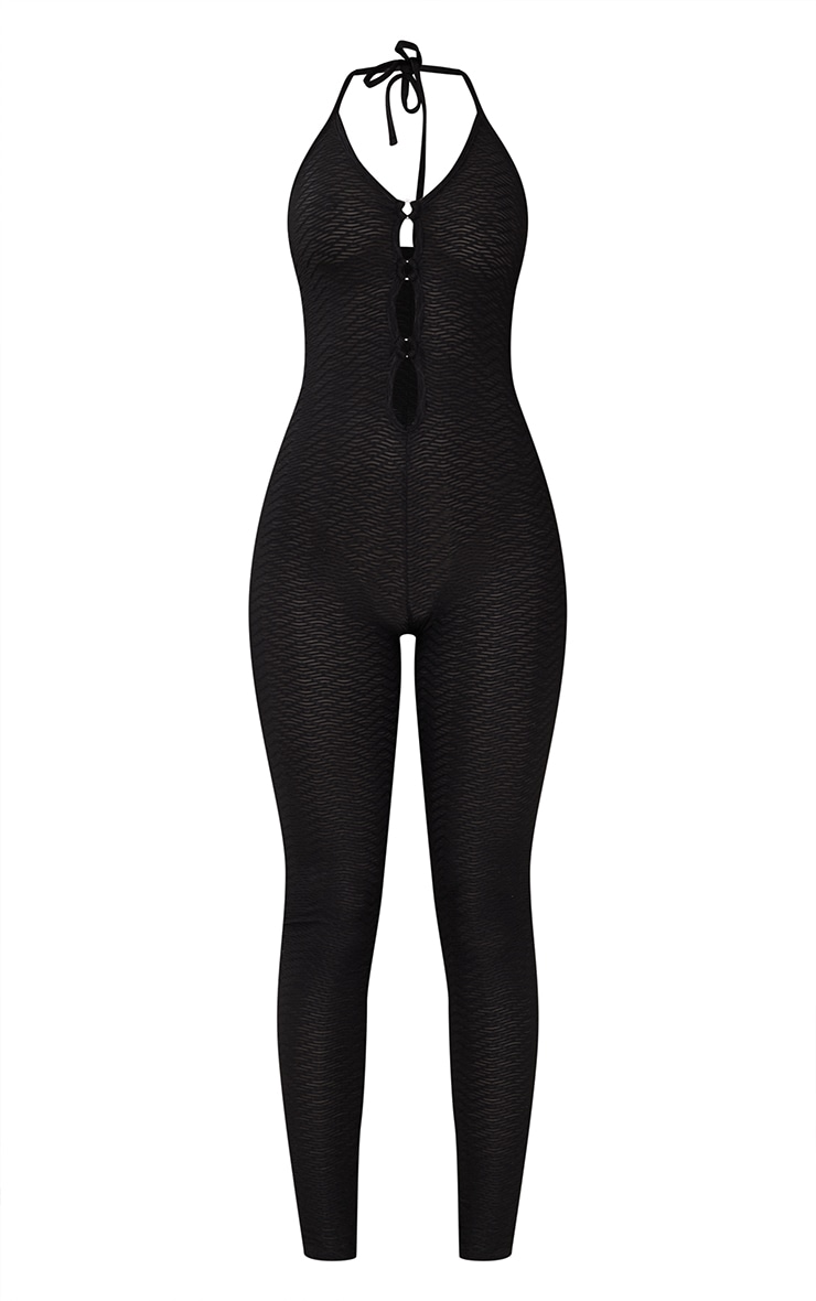 Black Textured Mesh Ring Detail Plunge Jumpsuit image 5