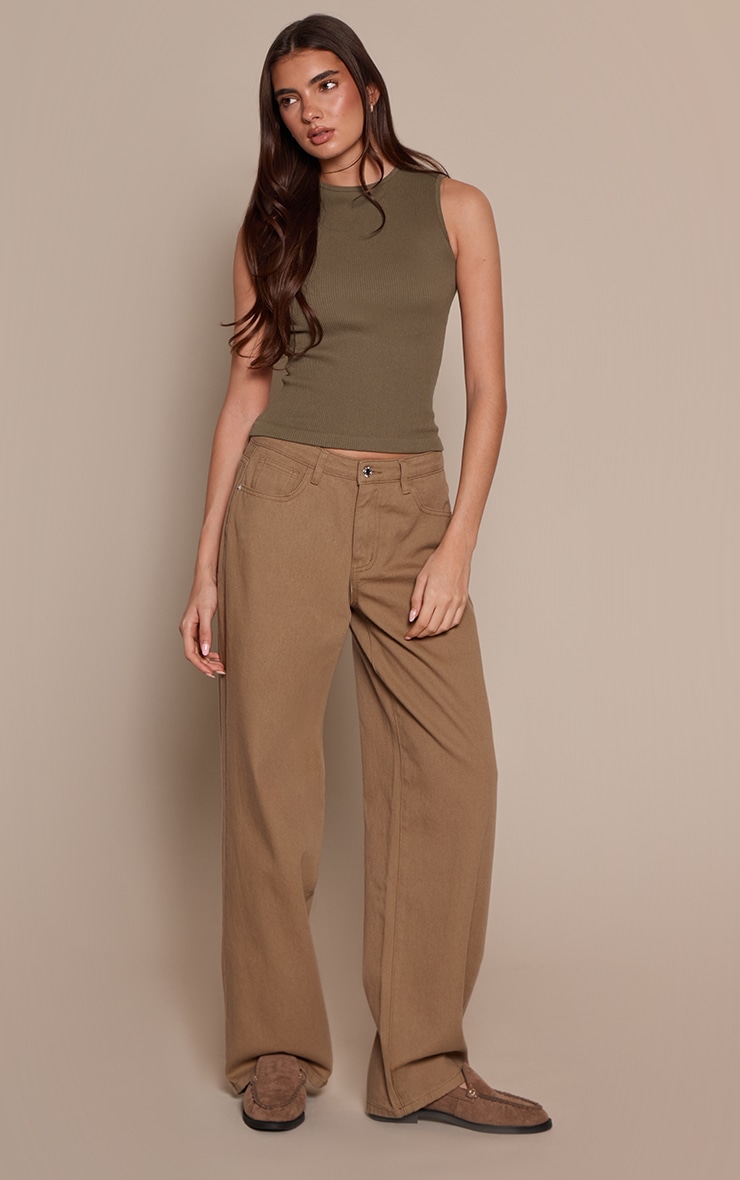 Olive Contour Rib Crew Neck Fitted Vest Top image 3