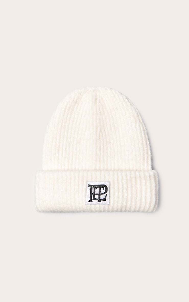 PLT Logo Cream Brushed Knit Fold Over Beanie image 2