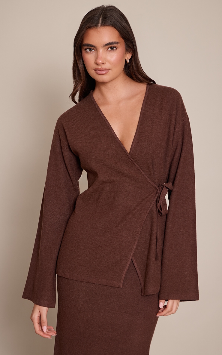 Chocolate Long Sleeve Wrap Cardigan  image 1