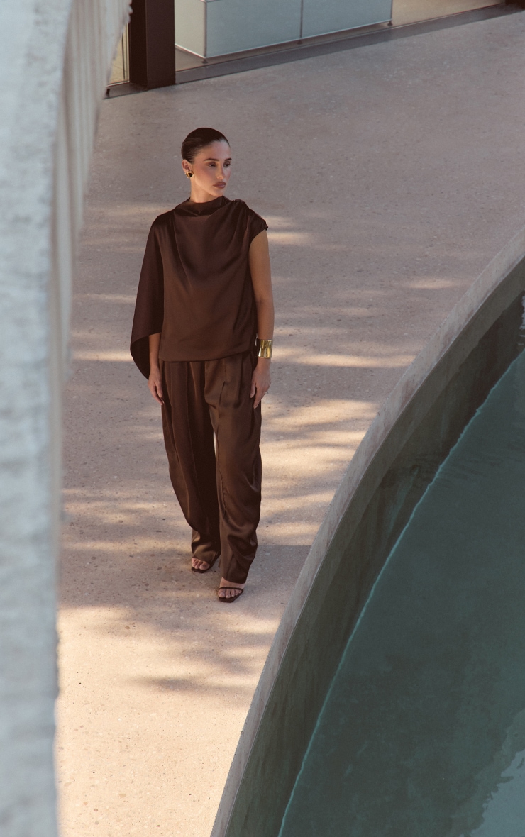Dark Chocolate Satin One Sleeve Draped Top image 2