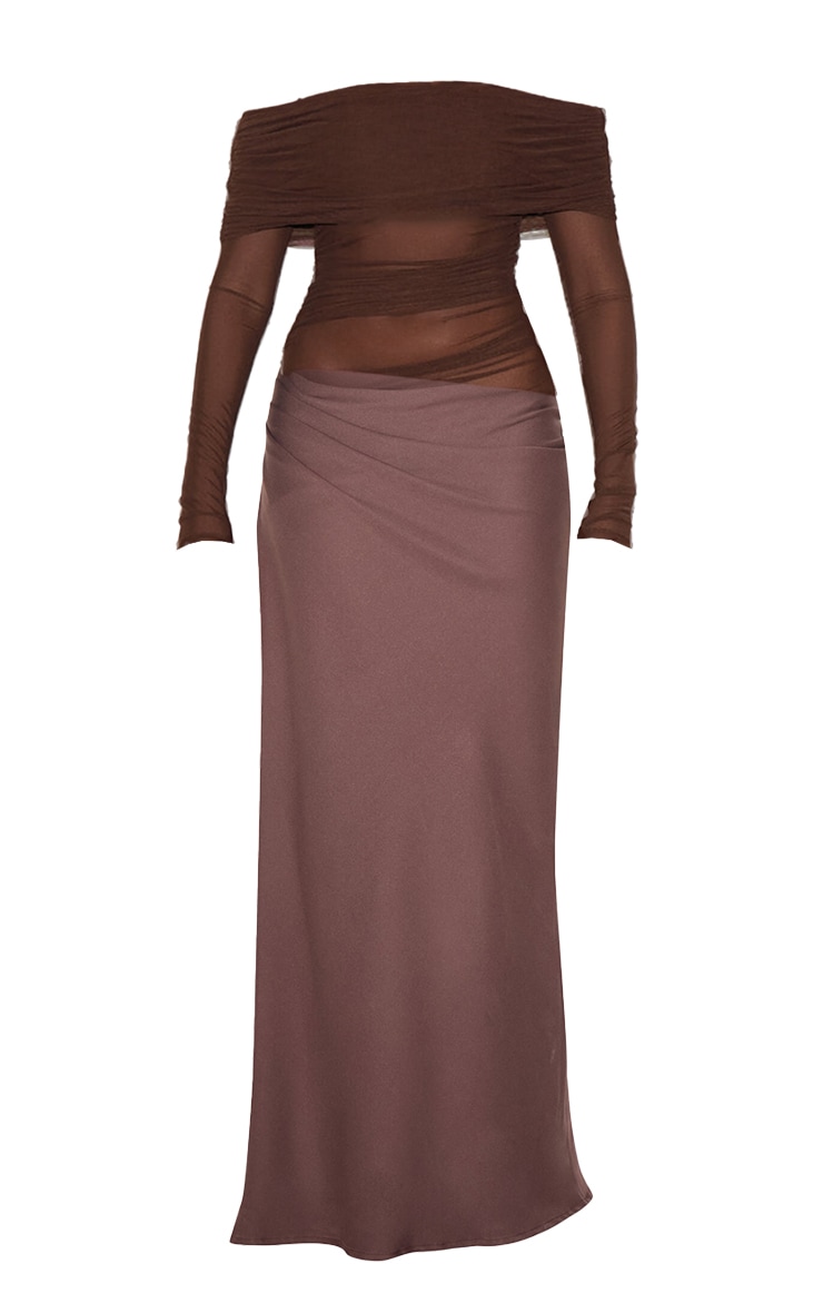 Chocolate Satin Mesh Detail Bardot Maxi Dress image 5