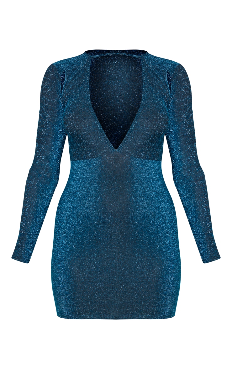 Teal Glitter Plunge Detail Long Sleeve Bodycon Dress image 5
