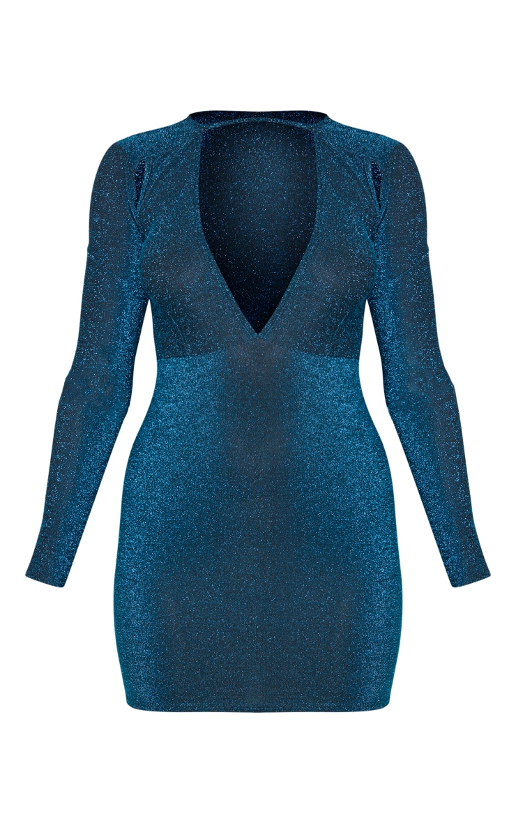 Robe moulante bleu sarcelle pailletée à manches longues et décolleté plongeant image 5