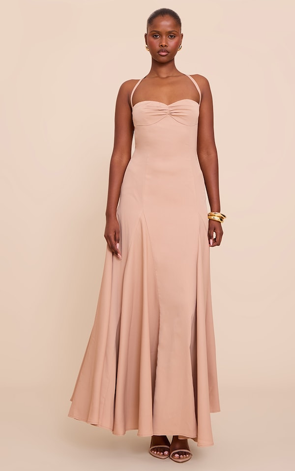 Taupe Woven Halterneck Ruched Bust Detail Maxi Dress