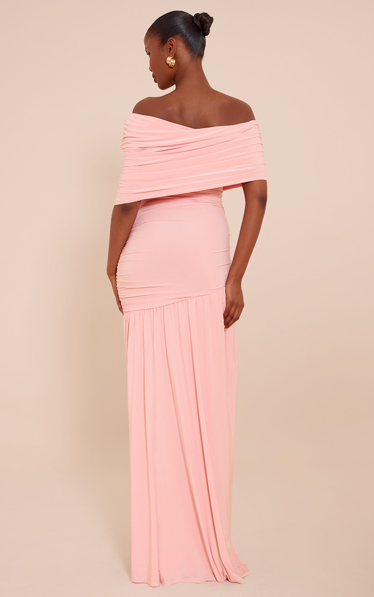 Blush Double Layer Slinky Bardot One Shoulder Ruched Maxi Dress image 2