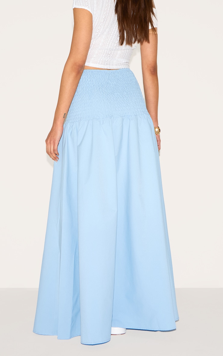 Baby Blue Shirred Waist Cotton Poplin Maxi Skirt | Bottoms