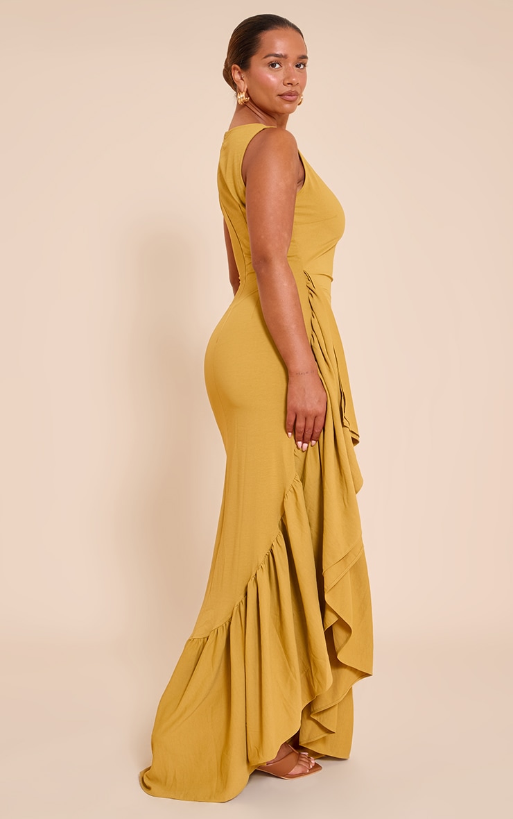 Shape olive Stretch Woven Boat Neck Side Split Frill Maxi Dress image 3