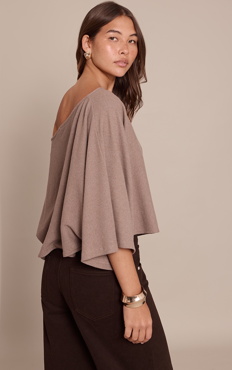 Taupe Heavy Brushed Rib Cape Sleeve Top image 2