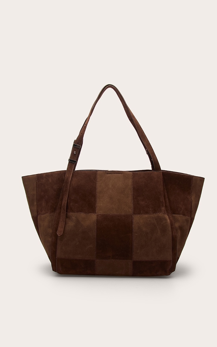 Chocolate Faux Suede Patchwork Adjustable Strap Tote Bag