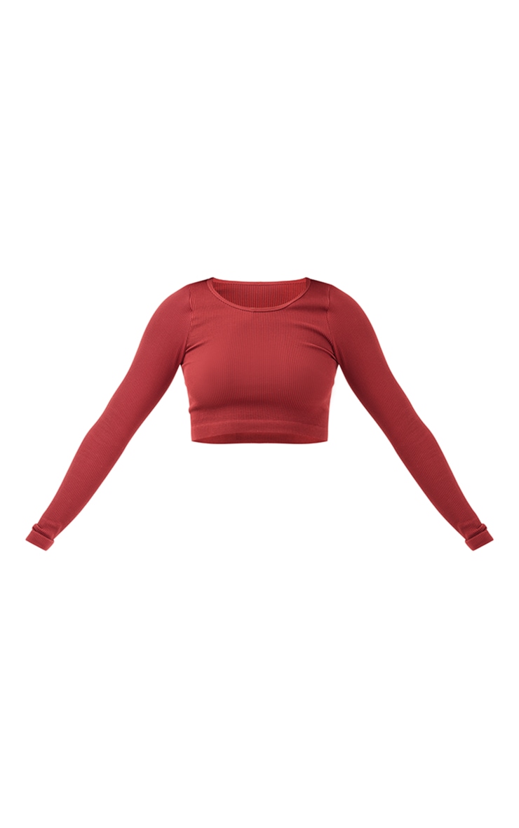 Cherry Red Structured Snatched Ribbed Round Neck Long Sleeve Crop Top image 5