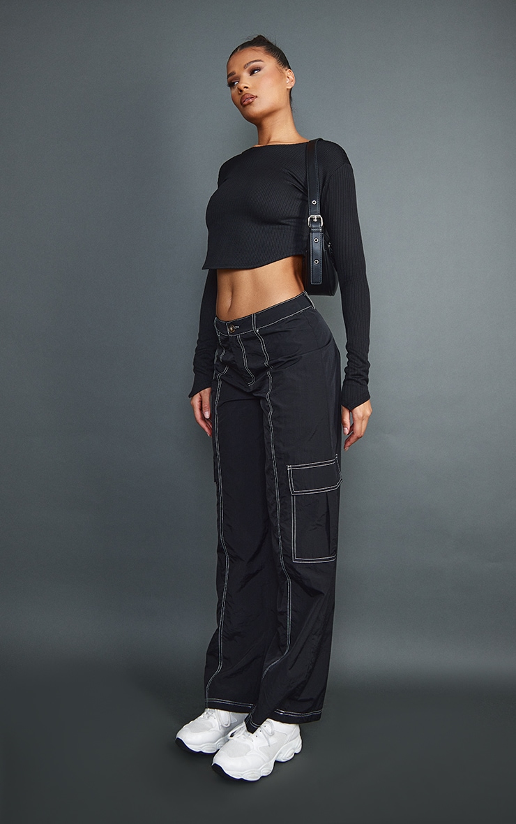 Black Rib Long Sleeve Crew Neck Top image 3