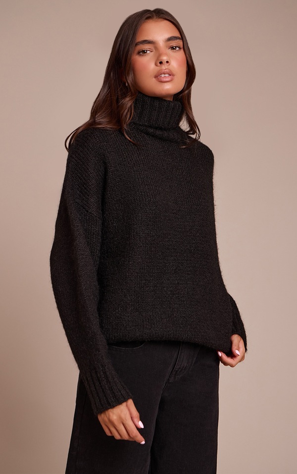 Black Roll Neck Balloon Sleeve Oversized Sweater
