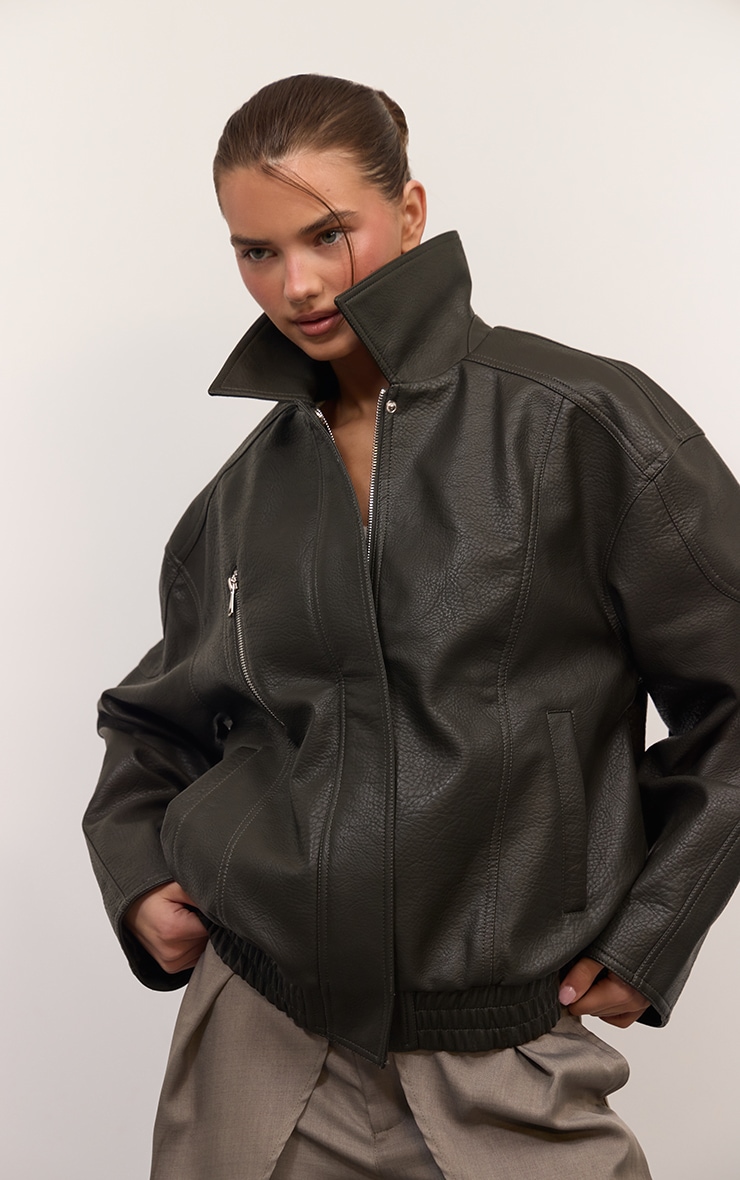 Khaki Concealed Placket Oversized Faux Leather Jacket