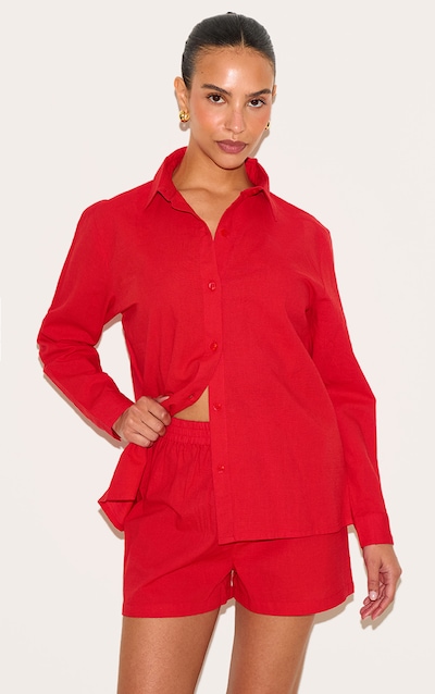 Petite Short en effet lin rouge tomate à taille haute