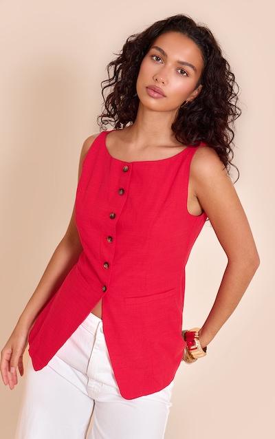 Red Square Neck Linen Look Longline Waistcoat