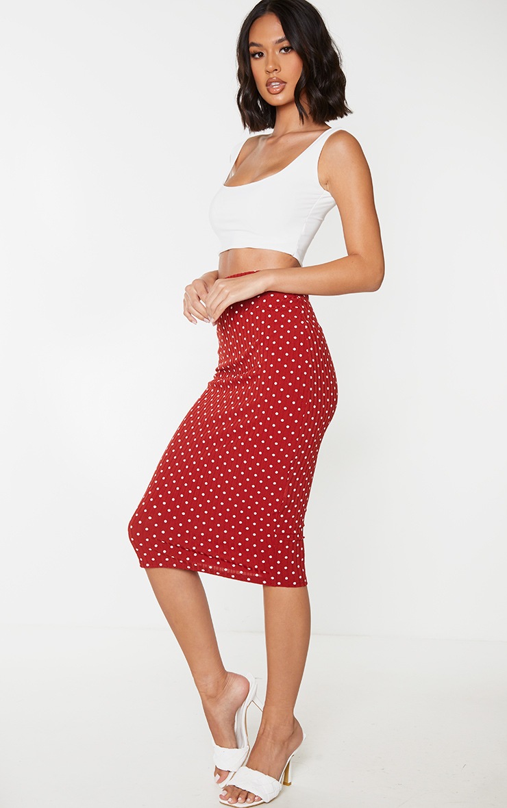 Rust Polka Dot Rib Midi Skirt