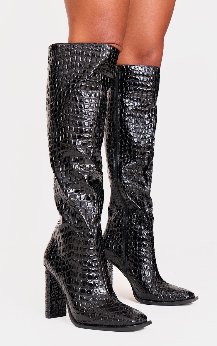 Black Croc Pu Point Toe High Block Heel Knee High Boots image 2