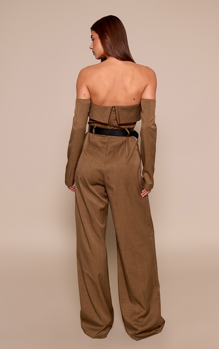 Khaki Woven Bardot Long Sleeve Belt Detail Jumpsuit image 2