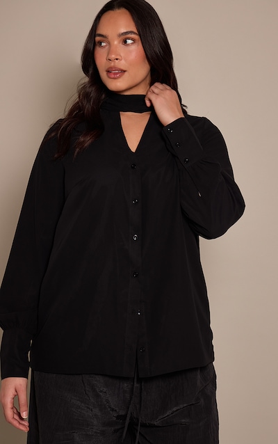 Plus Black Chiffon Plunge Scarf Detail Shirt