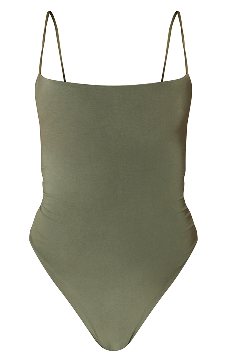 Khaki Slinky Square Neck Spaghetti Strap Bodysuit image 5