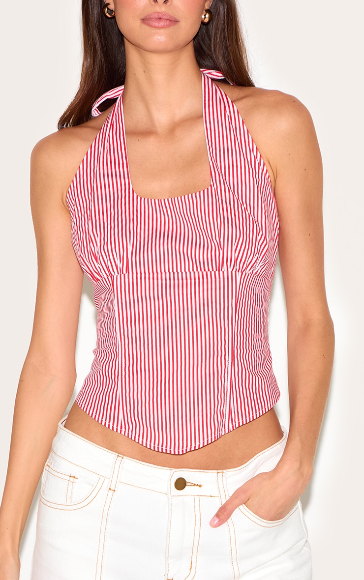 Red Striped Halterneck Dip Hem Top image 4
