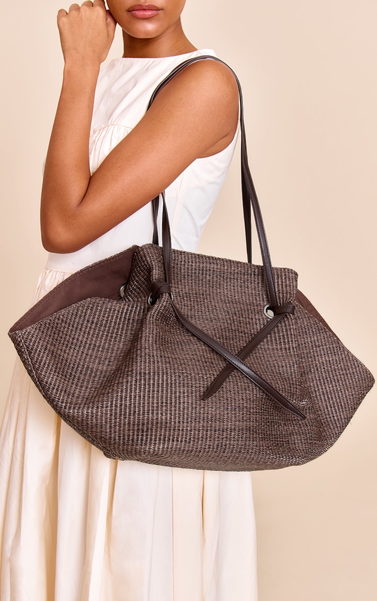 Chocolate Raffia Drawstring Beach Bag image 1