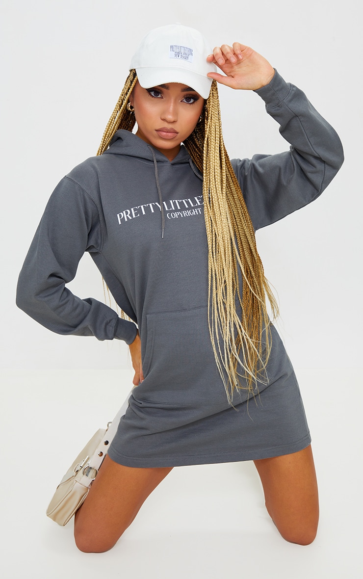 PRETTYLITTLETHING Charcoal Print Oversized Hooded Sweat Jumper Dress