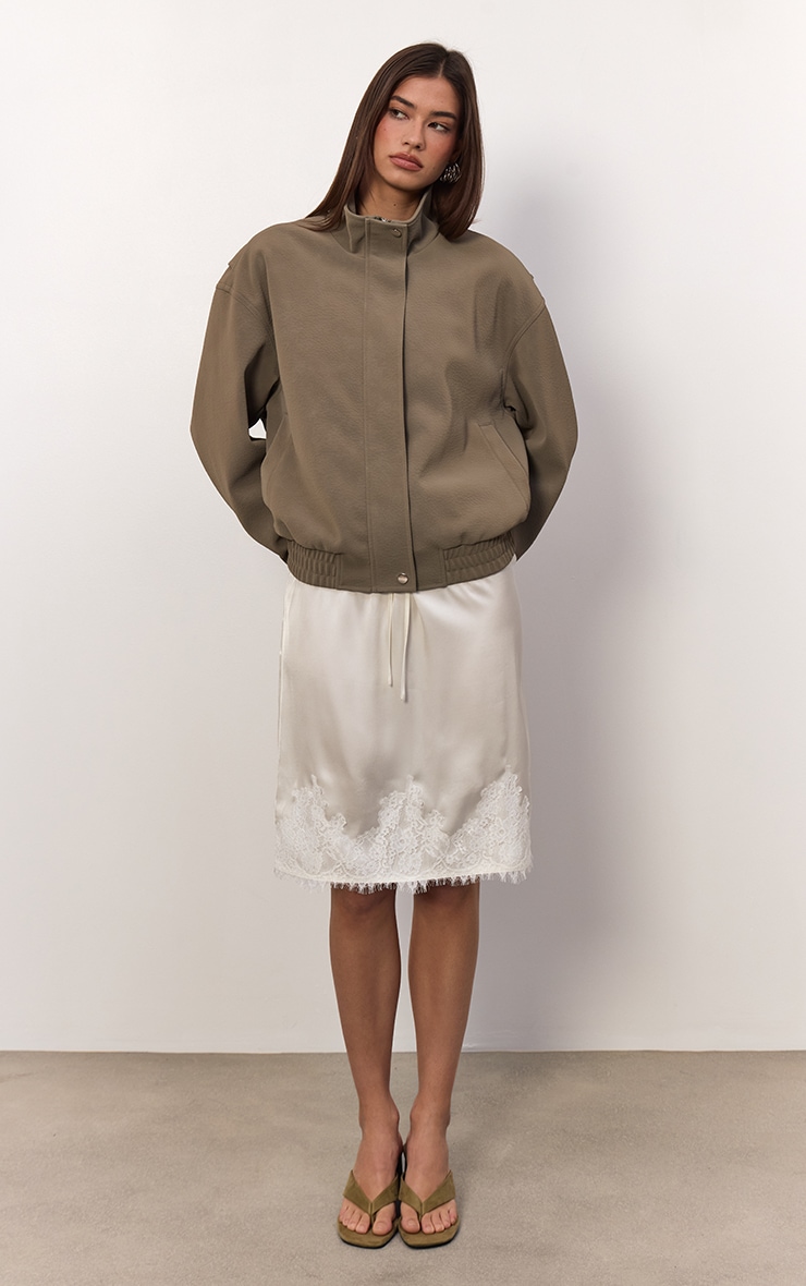 Butter Cream Satin Lace Detail Midi Skirt