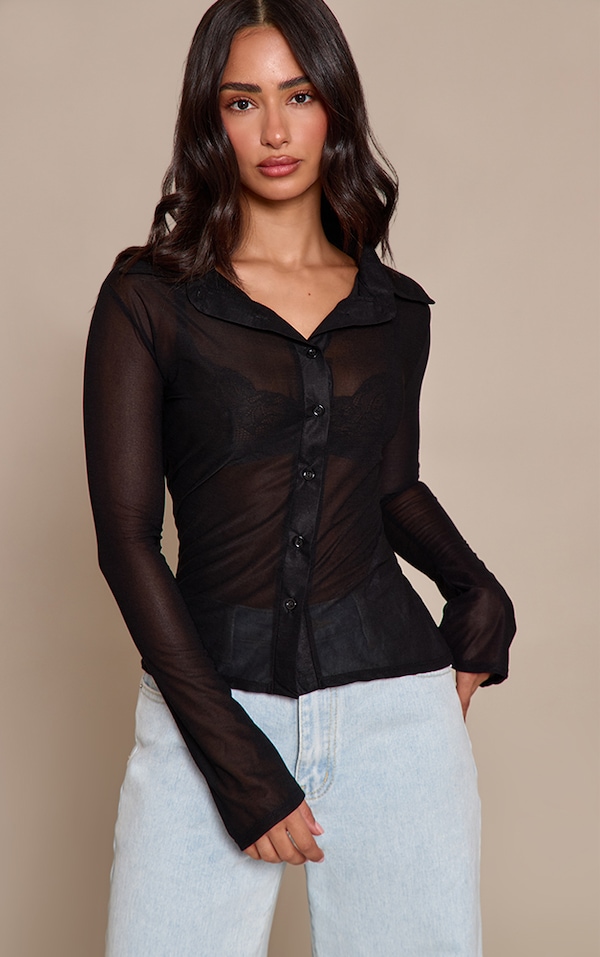 Petite Black Cinched Sheer Shirt 