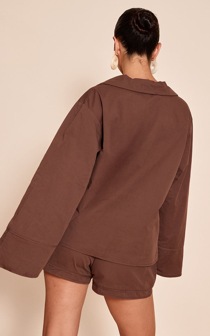  Chocolate Cotton Woven Boxy Long Sleeve Collar Top image 2