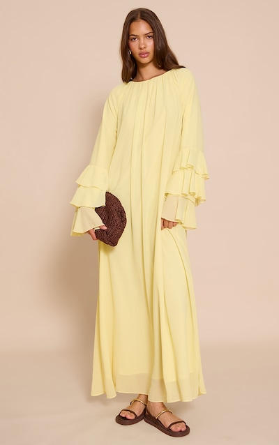 Robe longue en mousseline de soie jaune citron à manches volantées