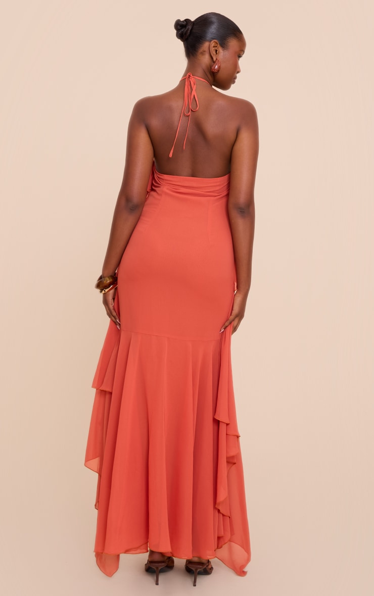Orange Chiffon Frill Halterneck Floaty Maxi Dress image 2