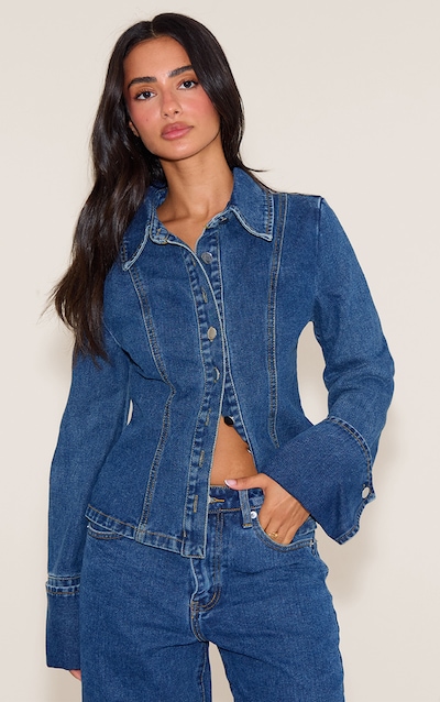 Petite Mid Blue Wash Long Sleeve Fitted Denim Shirt