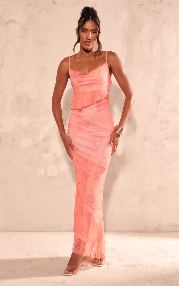 Pink Printed Mesh Frill Cowl Back Maxi Dress image 3