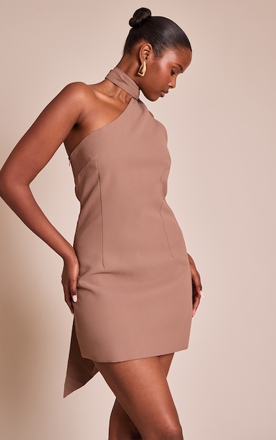 Mocha Woven Asymmetric Scarf Detail Mini Dress