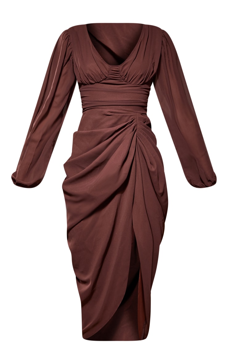 Chocolate Chiffon Lace Up Back Long Sleeve Draped Midi Dress image 5