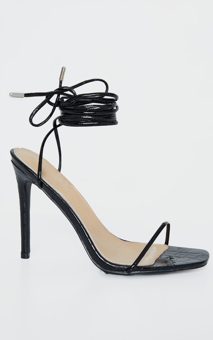 Black Croc Thin Strap Ankle Tie Strappy Sandal image 3