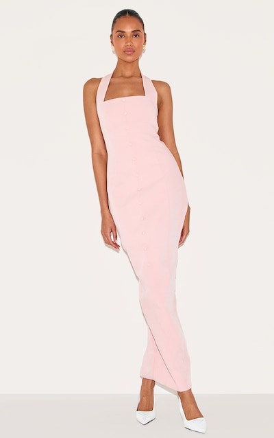 Dusty Pink Woven Halter Button Maxi Dress