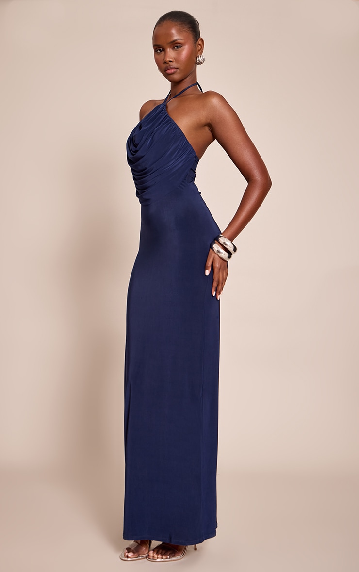 Robe longue moulante bleu marine drapée à dos nu image 3