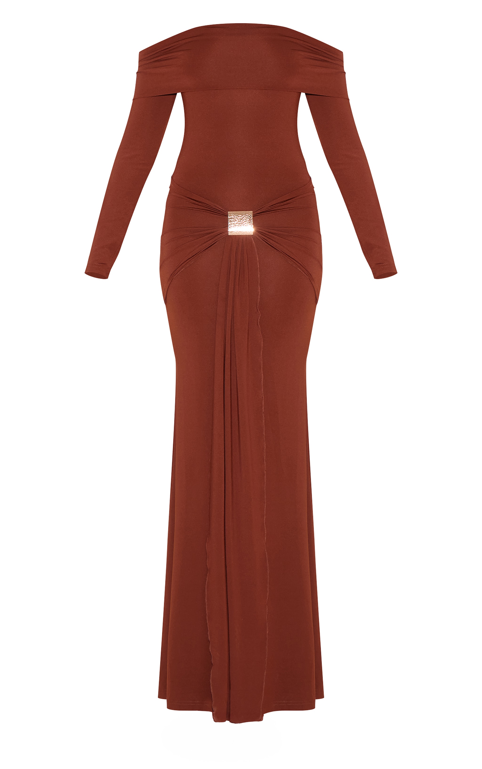 Chocolate Bardot Long Sleeve Trim Drape Detail Maxi Dress image 5