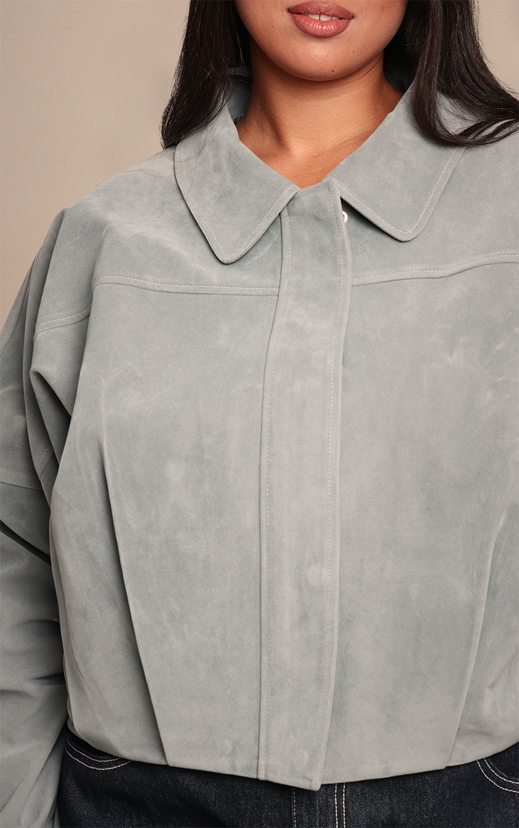 Plus Dusty Blue Faux Suede Covered Placket Bomber Jacket image 4